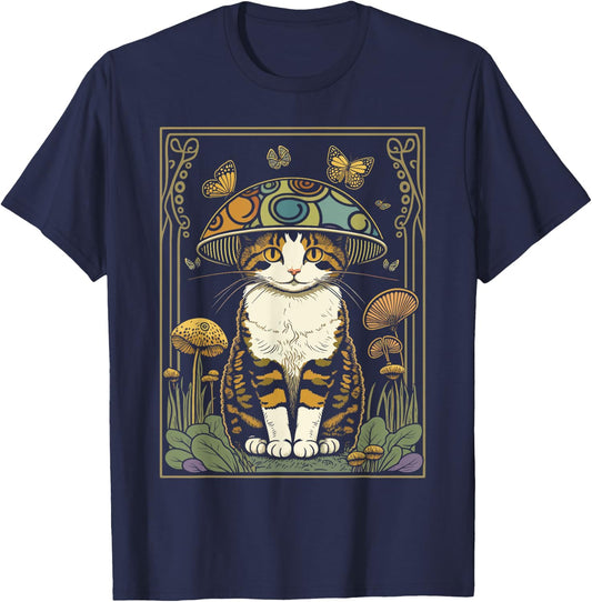 Cute Cottagecore Aesthetic Cat Mushroom Women Kids T-Shirt - T-Shirt | Navy