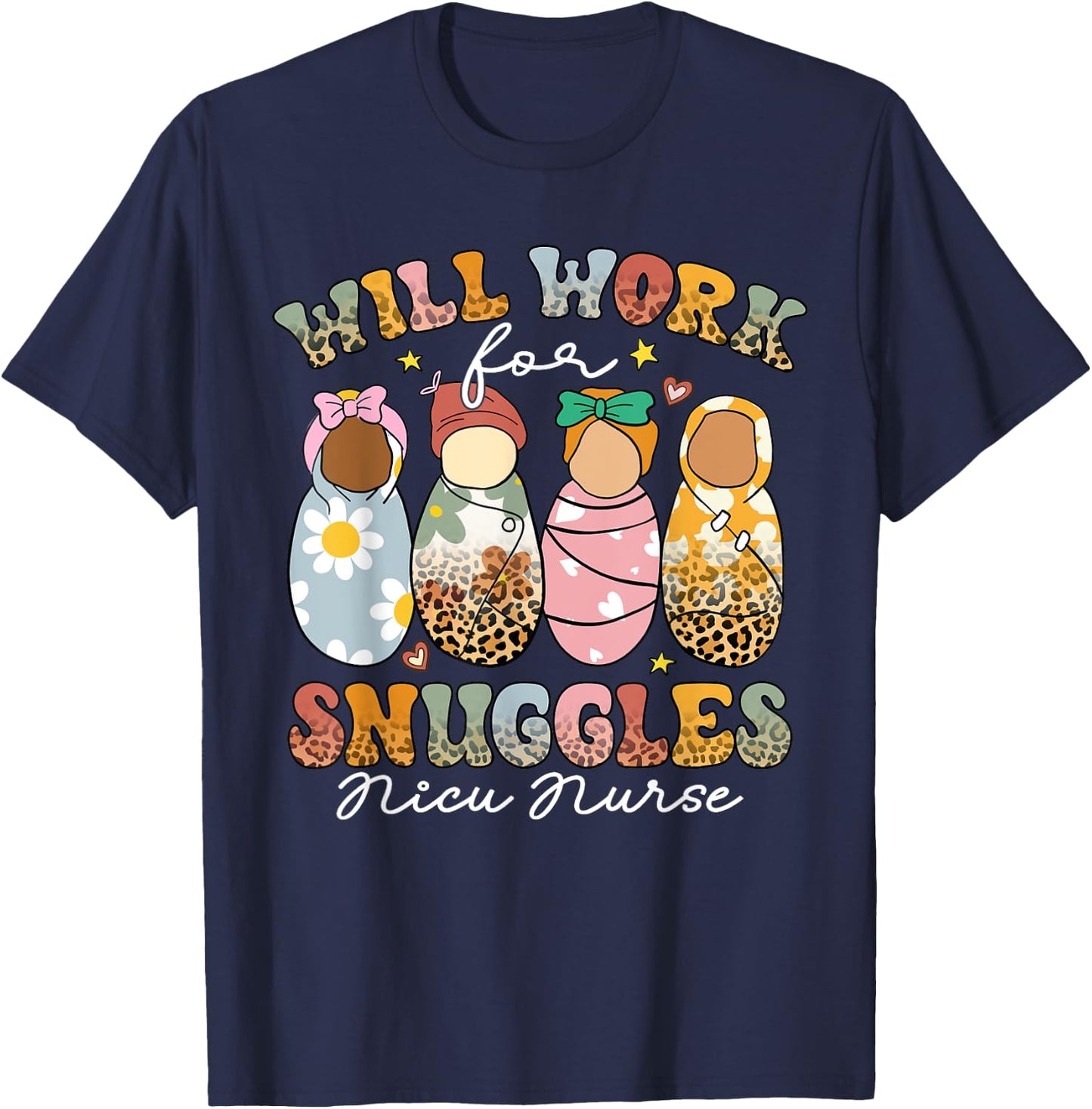 Retro Groovy Will Work For Snuggles NICU Nurse Leopard T-Shirt - T-Shirt | Navy