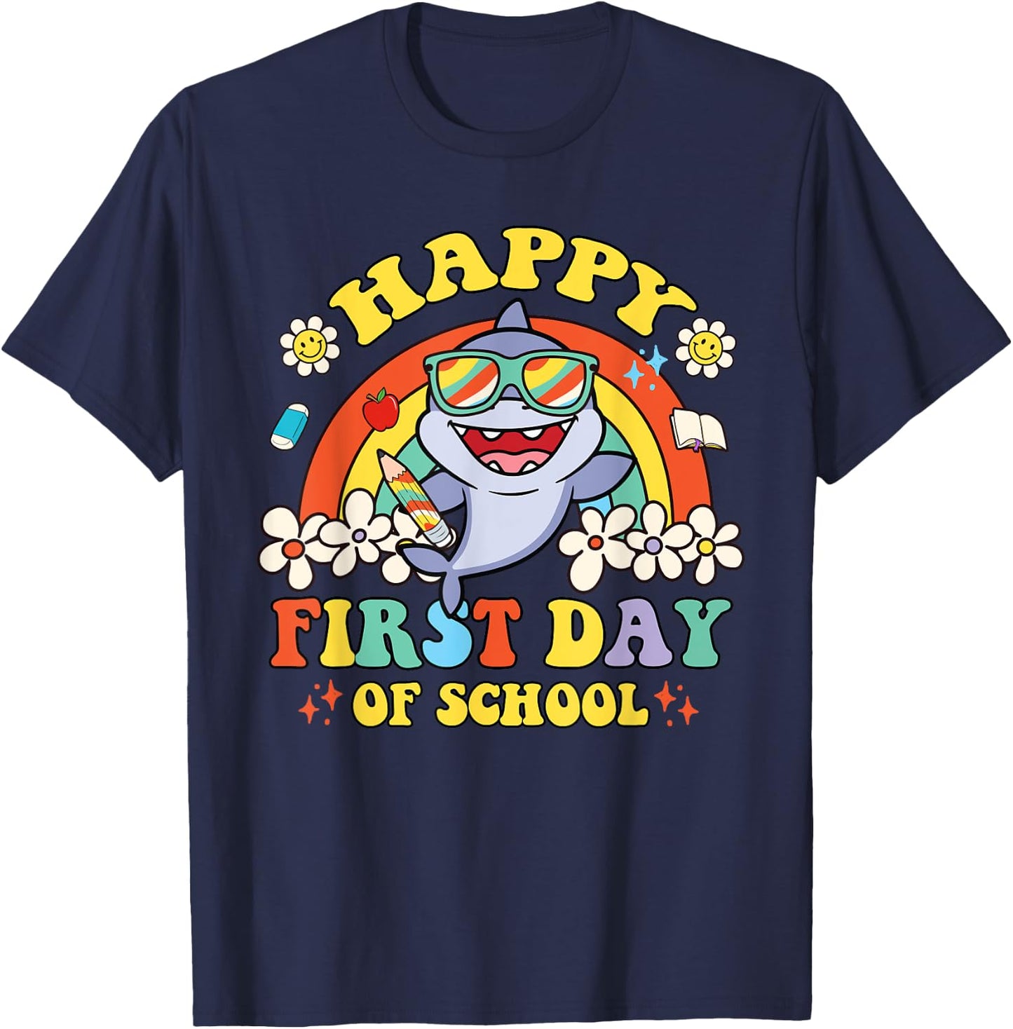 Groovy Happy First Day Of School Cute Shark Rainbow T-Shirt - T-Shirt | Navy