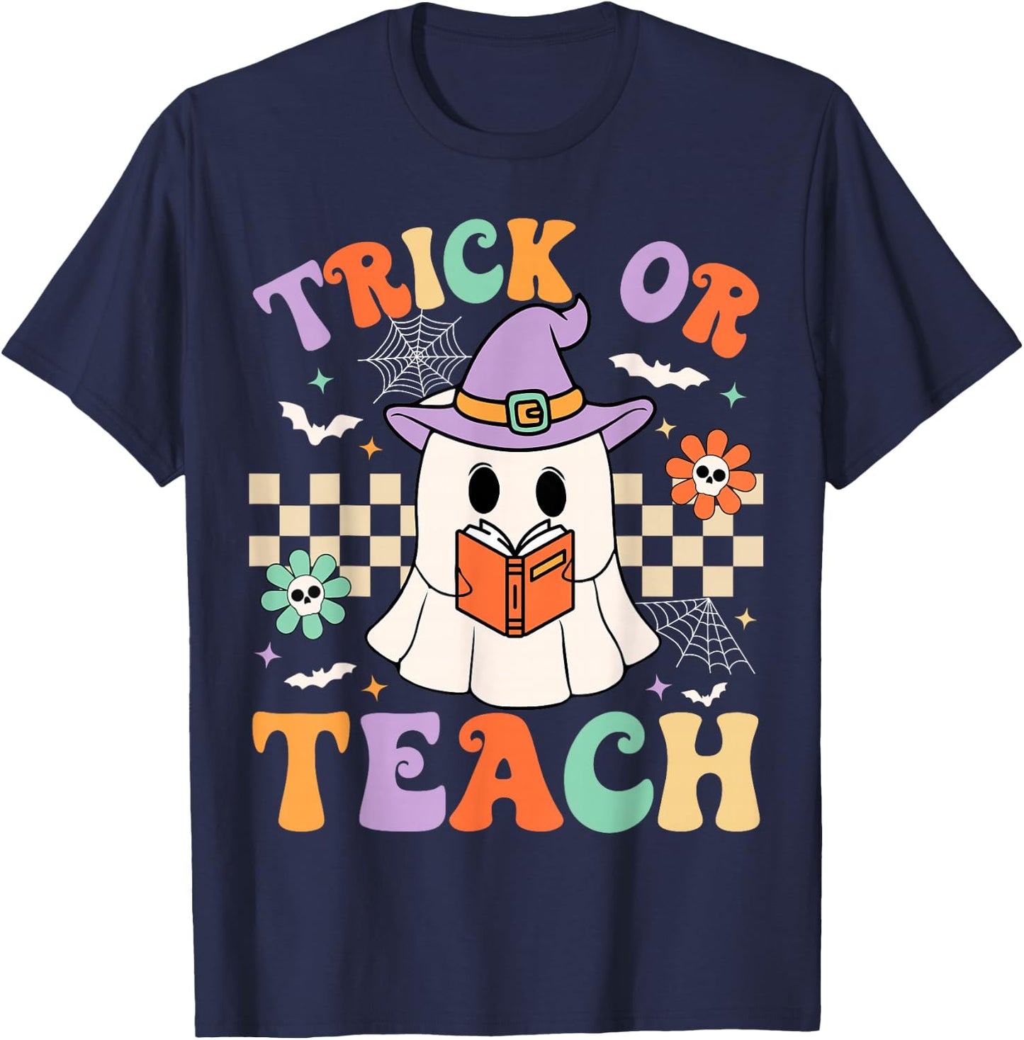 Trick Or Teach Groovy Teacher Halloween Retro Floral Ghost T-Shirt - T-Shirt | Navy