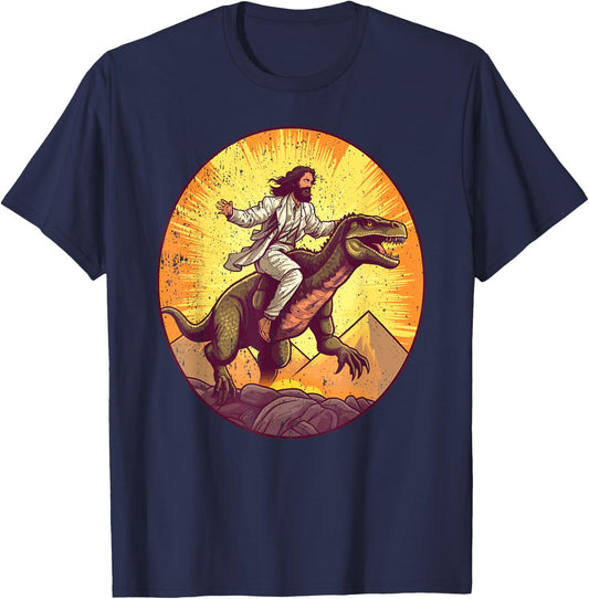 Jesus Riding T-Rex I Jesus Christ On Dinosaur T-Shirt - T-Shirt | Navy