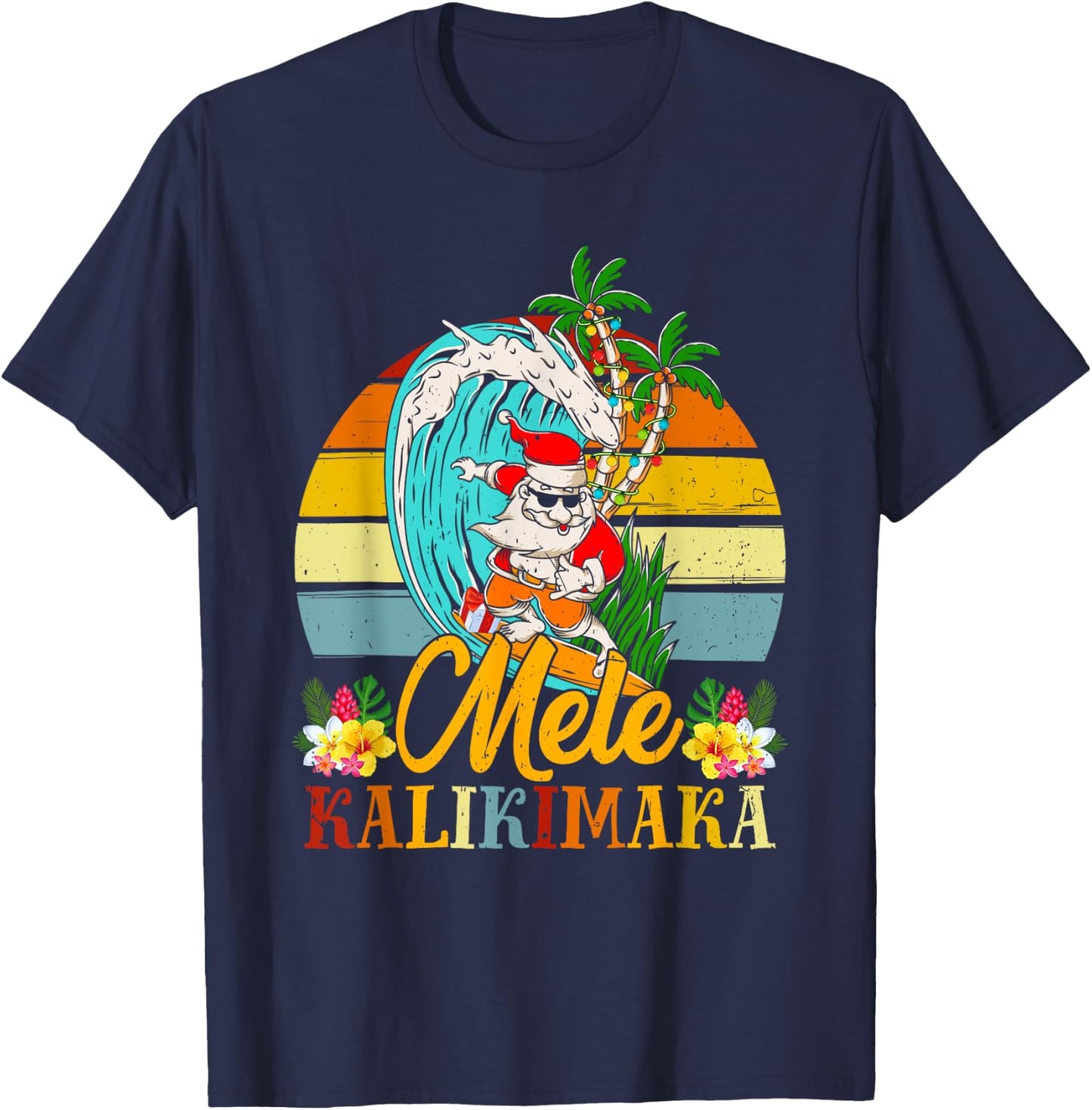 Mele-Kalikimaka Retro Christmas Santa Shaka Hawaii T-Shirt - T-Shirt | Navy