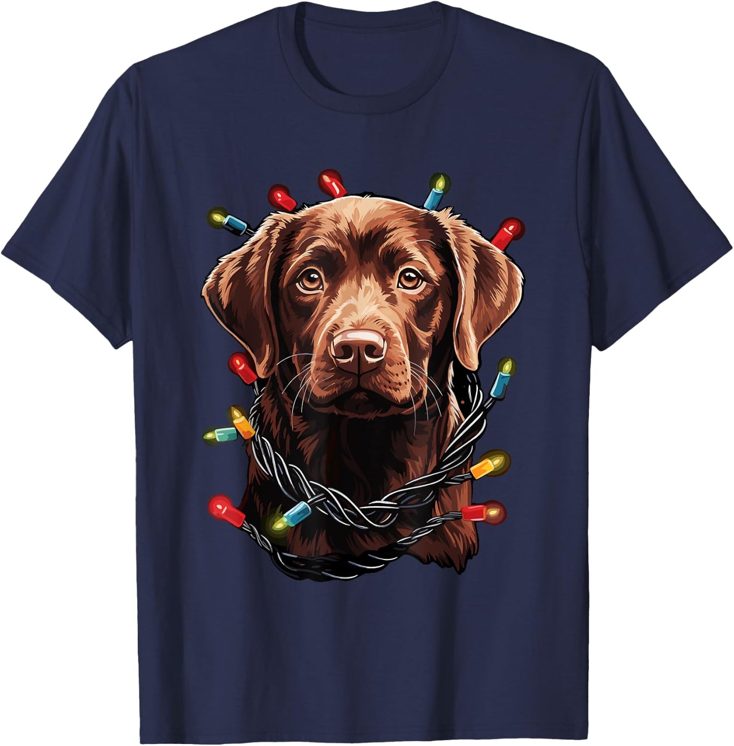 Chocolate Labrador Dog Christmas Lights Santa Hat Xmas T-Shirt - T-Shirt | Navy