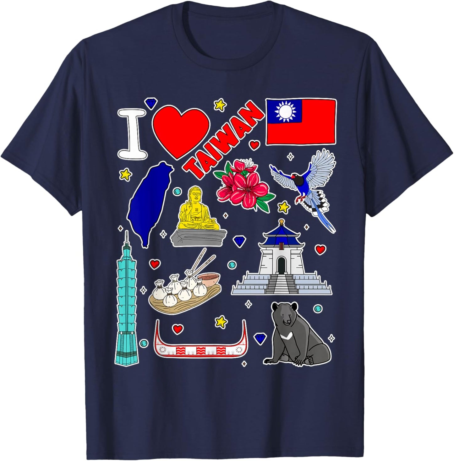 Taiwanese hand drawn symbols, Taiwan map, cultural icons T-Shirt - T-Shirt | Navy