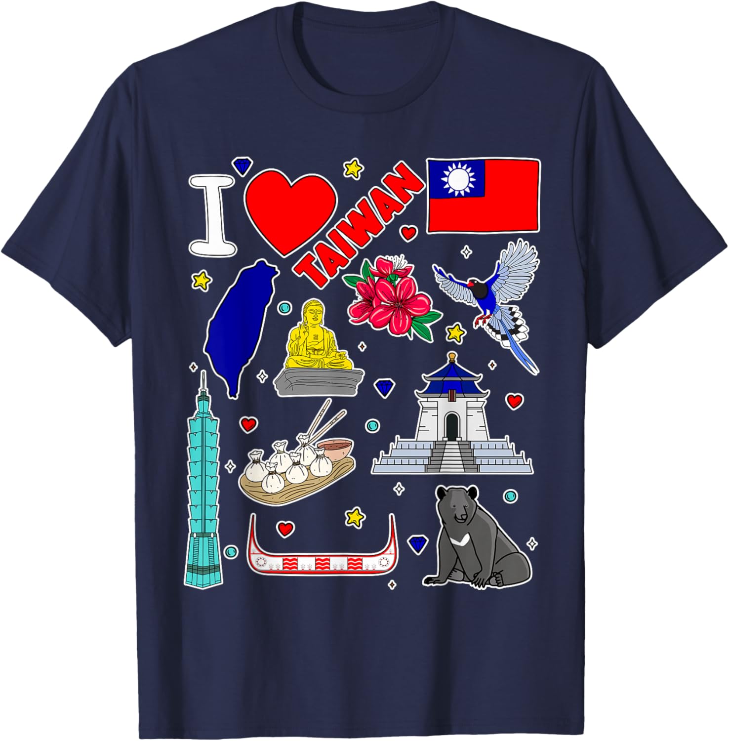 Taiwanese hand drawn symbols, Taiwan map, cultural icons T-Shirt - T-Shirt | Navy