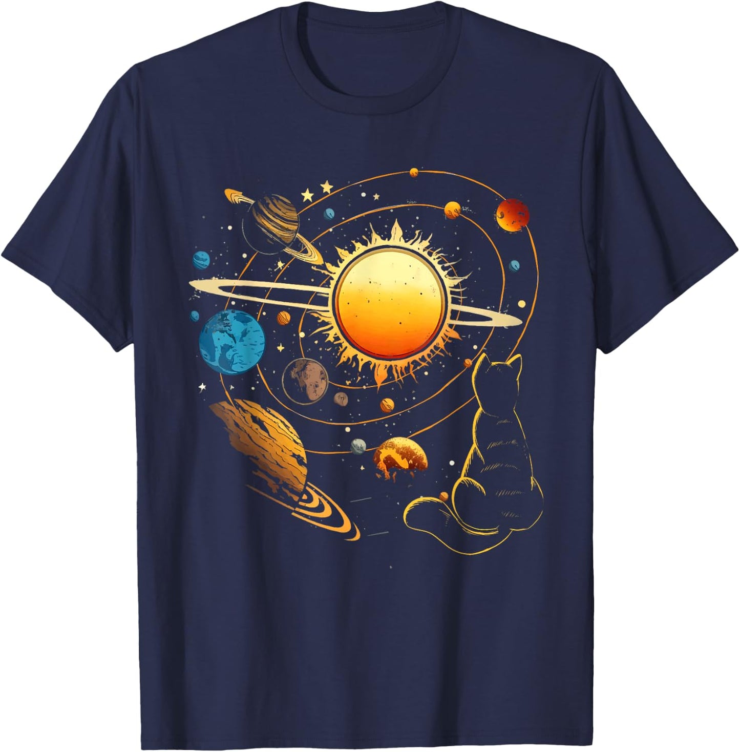 Cat And Planets - Galaxy Stars Kitten Kitty Animal Pet Lover Men Women Kids T-Shirt - T-Shirt | Navy