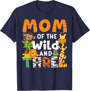 Mom Of The Wild and Three 3 Birthday Zoo Theme Safari Jungle T-Shirt - T-Shirt | Navy