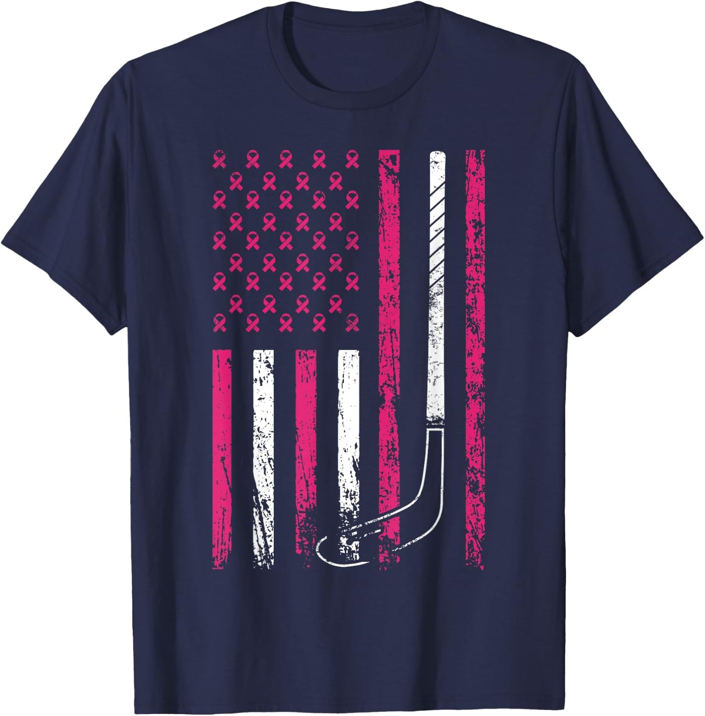 American Sports Flag Breast Cancer Awareness Ice Hockey T-Shirt - T-Shirt | Navy