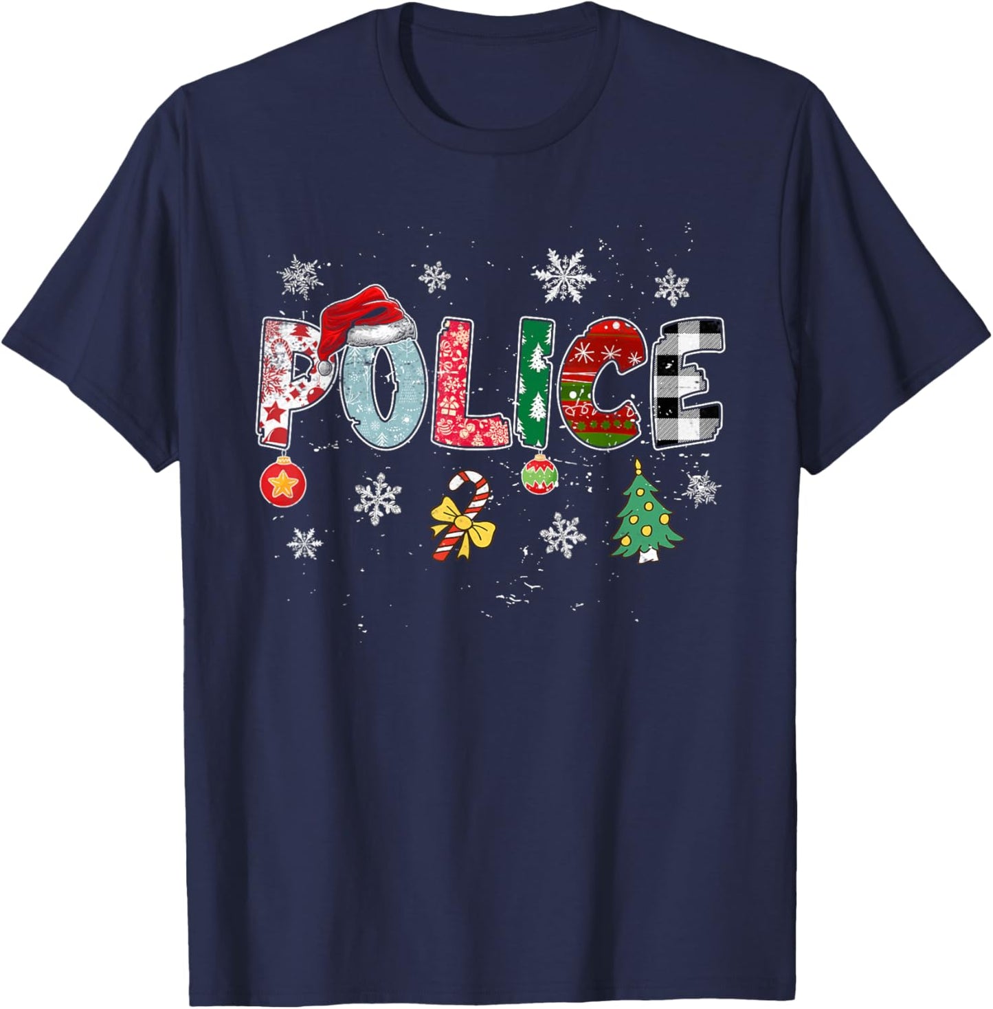 Police Christmas Santa Hat Funny Xmas Tree Plaid Pajama T-Shirt - T-Shirt | Navy
