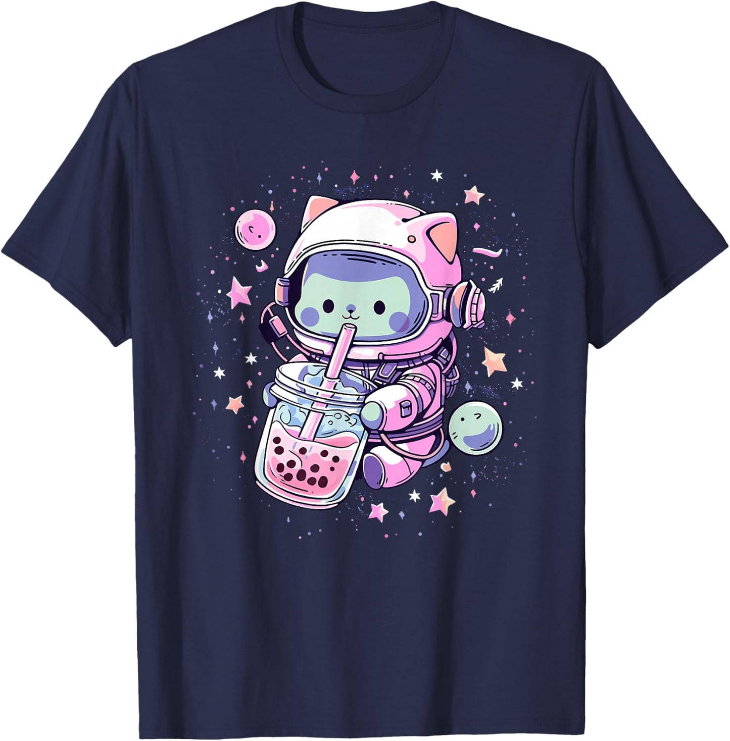 Kawaii Cat Bubble Boba Tea in Space Astronaut Anime Girls T-Shirt - T-Shirt | Navy