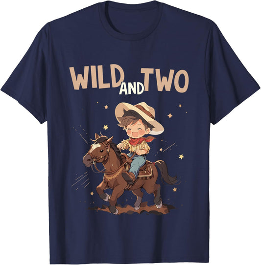 Kids 2nd Birthday Cute Little Cowboy Western - Wild and Two T-Shirt - T-Shirt | Navy