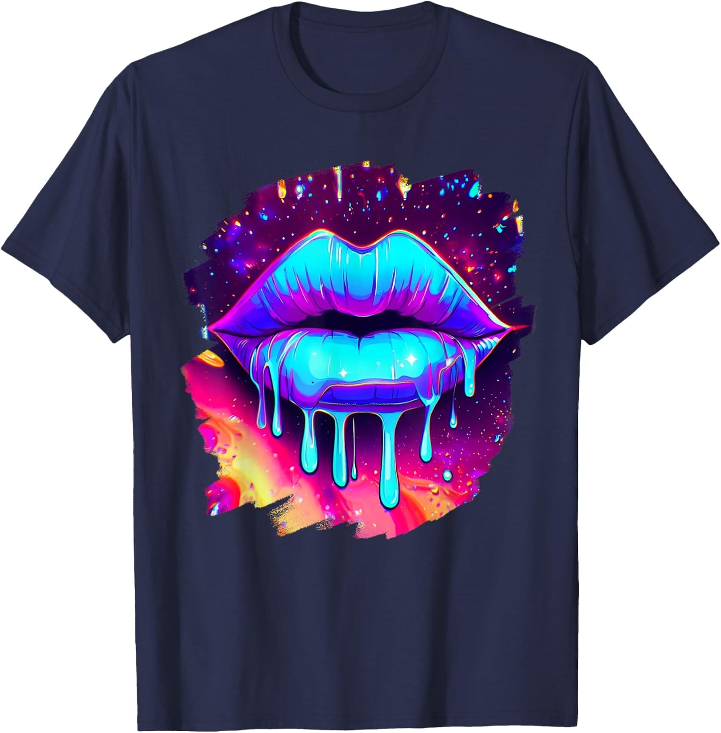 Rainbow Lips in Space Fashion Lip Art Design Print Colorful T-Shirt - T-Shirt | Navy