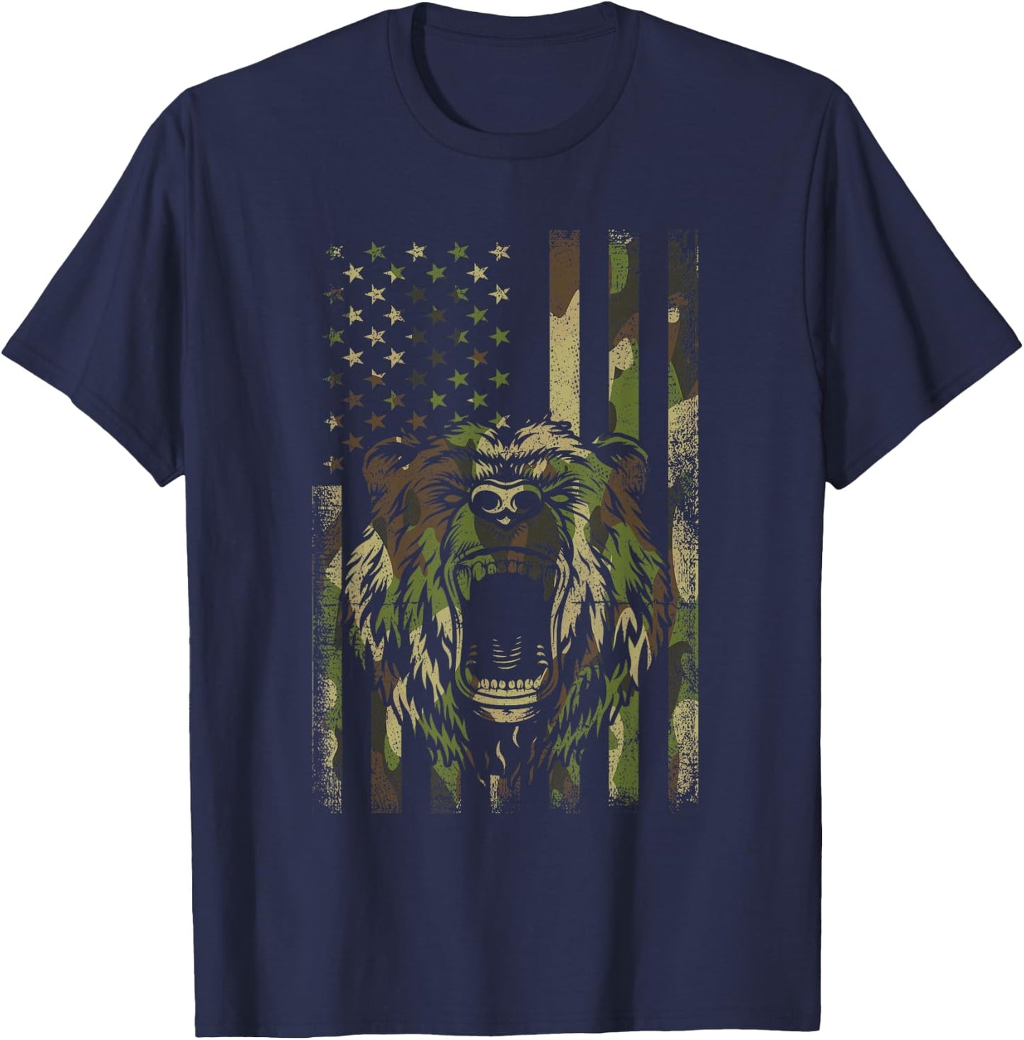 Funny Camo Hunting Lover American Flag Graphic Bear Hunters Women Men T-Shirt - T-Shirt | Navy