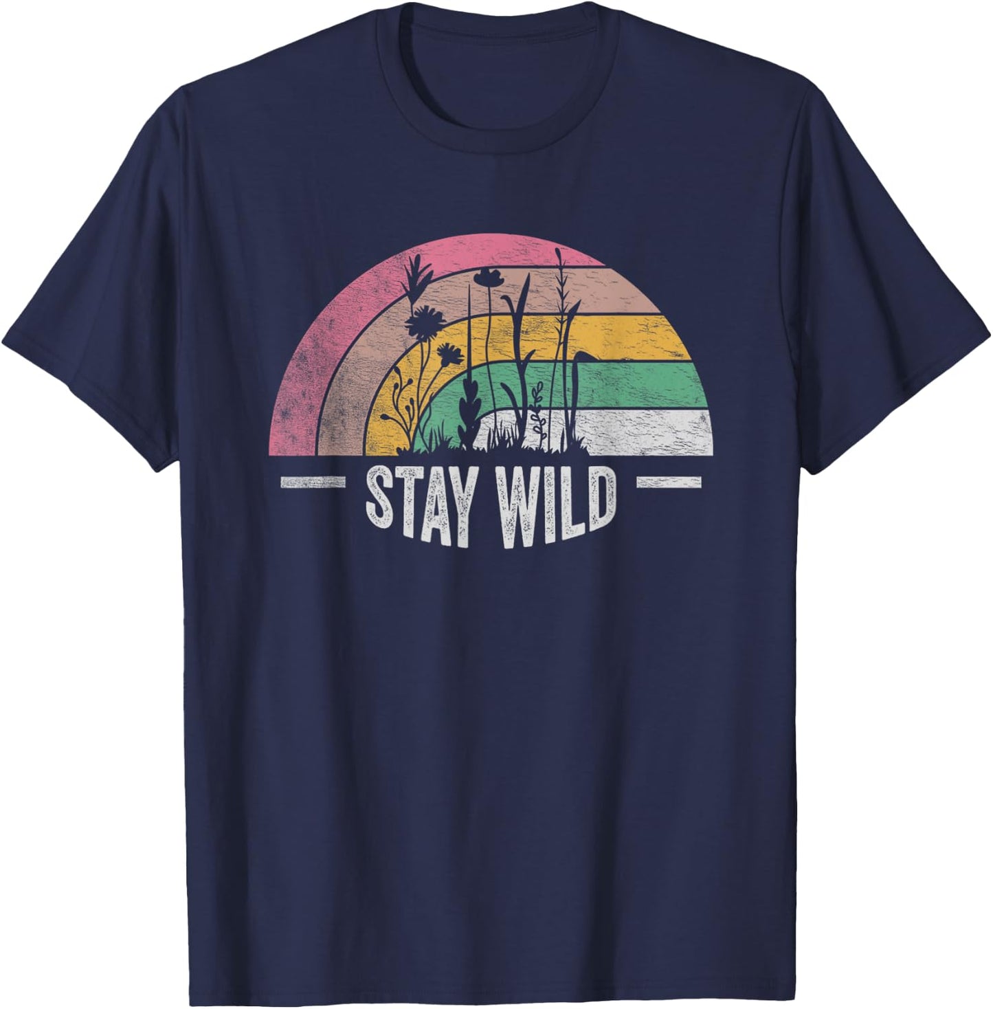 Retro Vintage Stay Wild Wildflower Inspirational Women Quote T-Shirt - T-Shirt | Navy