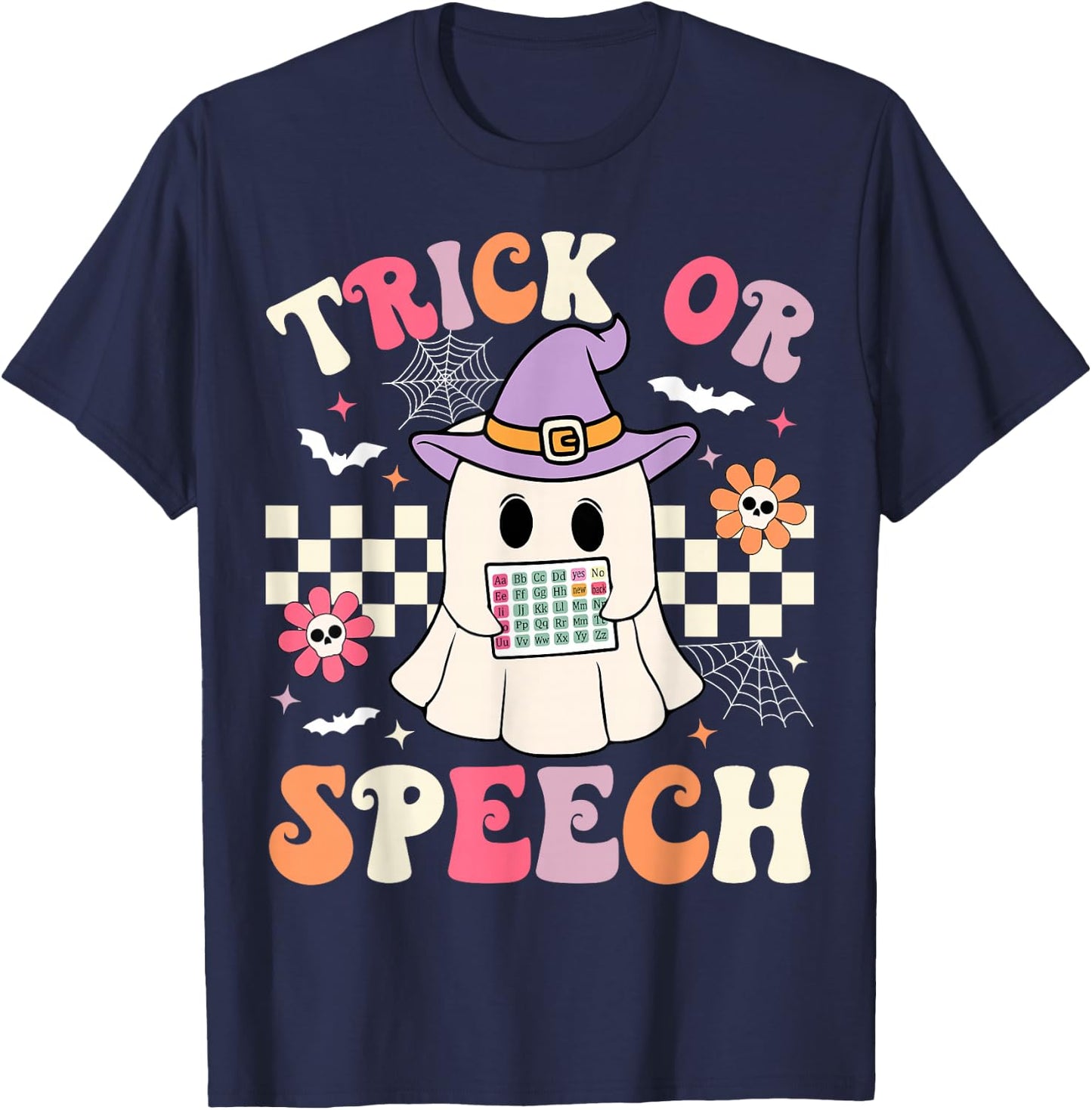 Trick or Speech Retro SLP Halloween Speech Therapy Halloween T-Shirt - T-Shirt | Navy