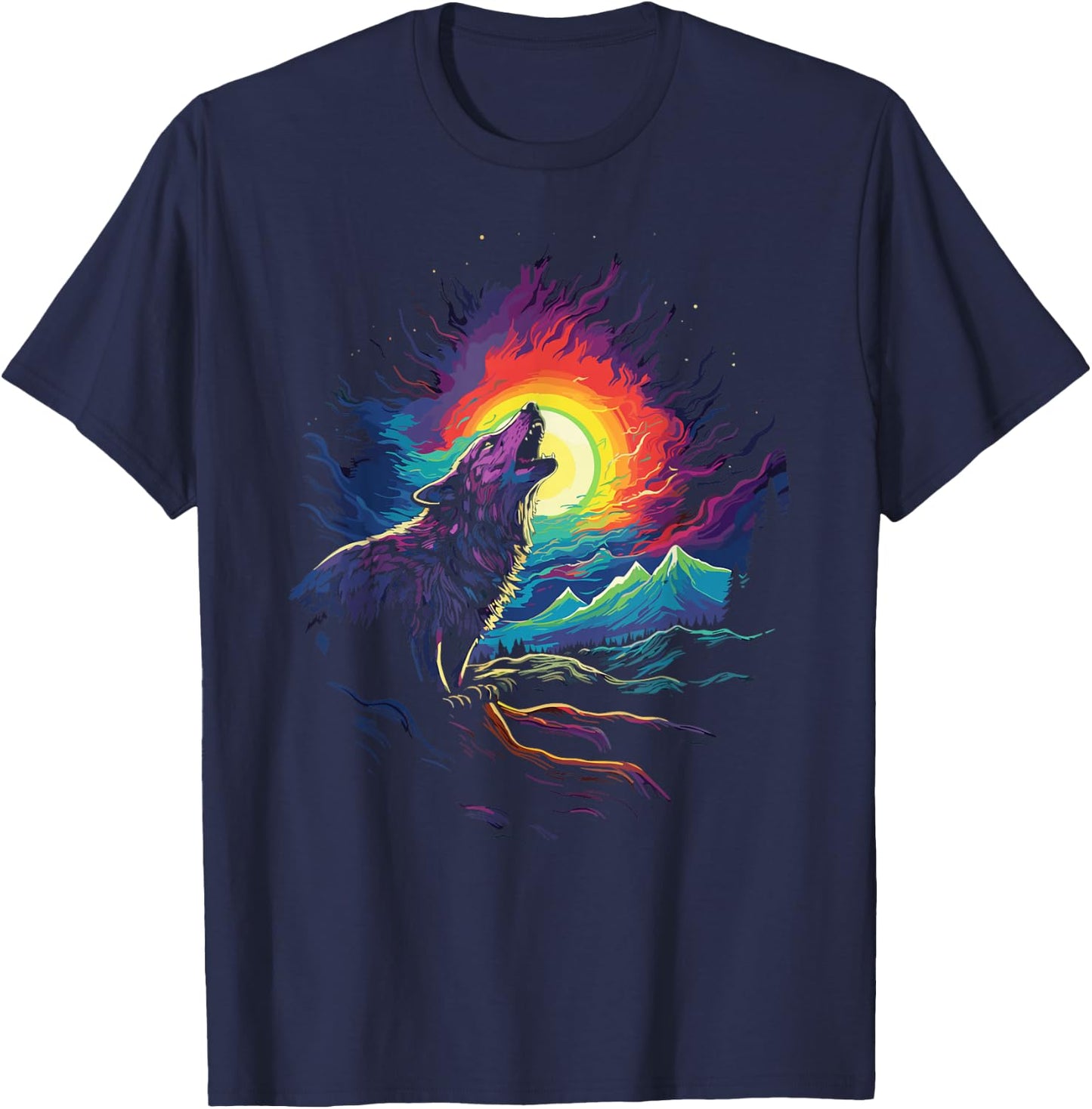 Howling Wolf Blacklight Painting Style the Full Moon T-Shirt - T-Shirt | Navy
