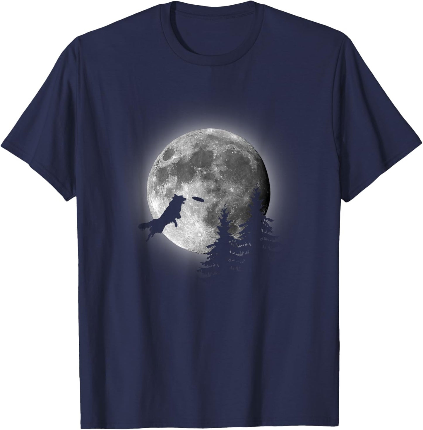 Border Collie Catching Frisbee Moon T-Shirt - T-Shirt | Navy