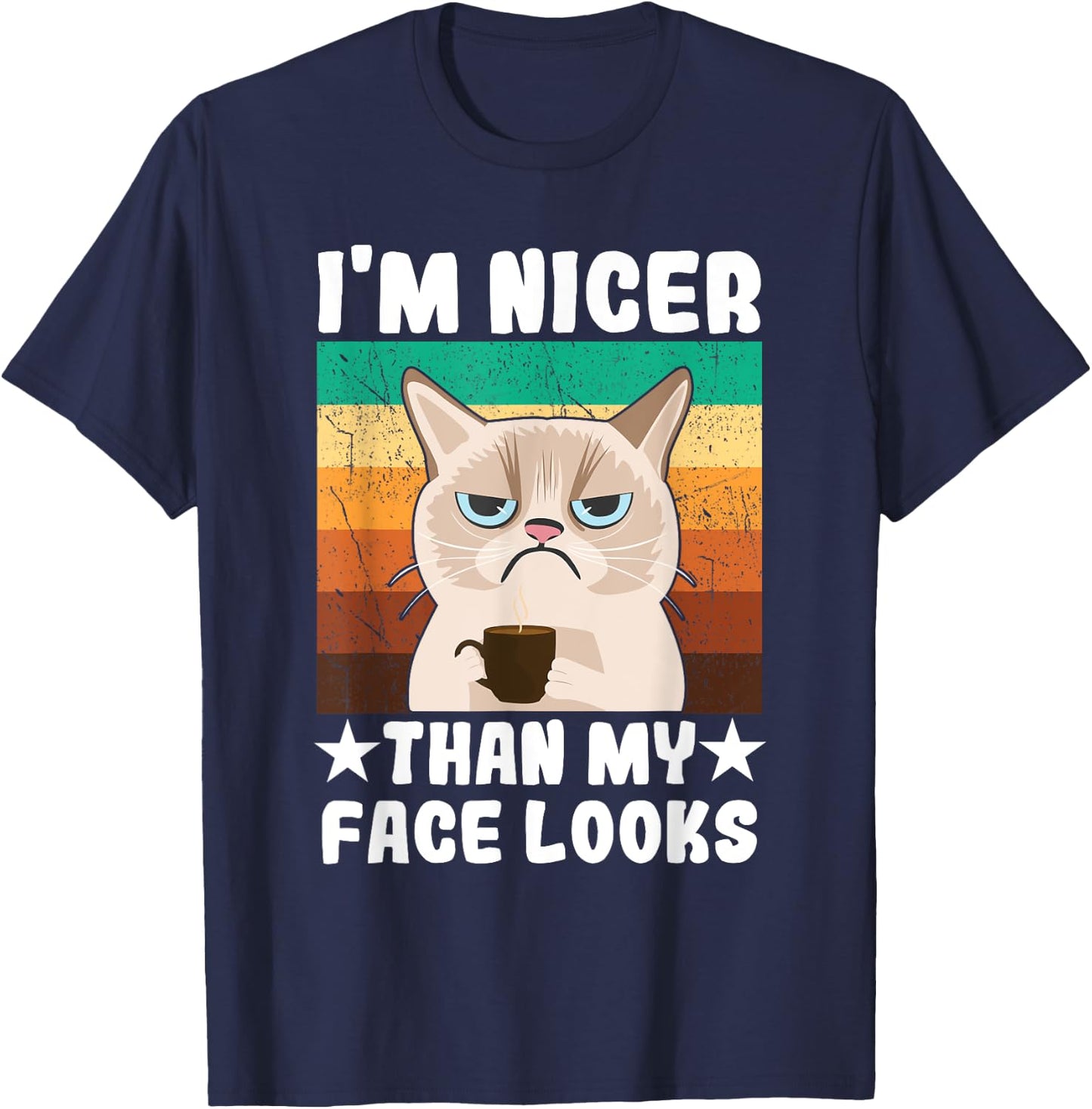 Introvert Coffee Cat I'm nicer than my face looks T-Shirt - T-Shirt | Navy