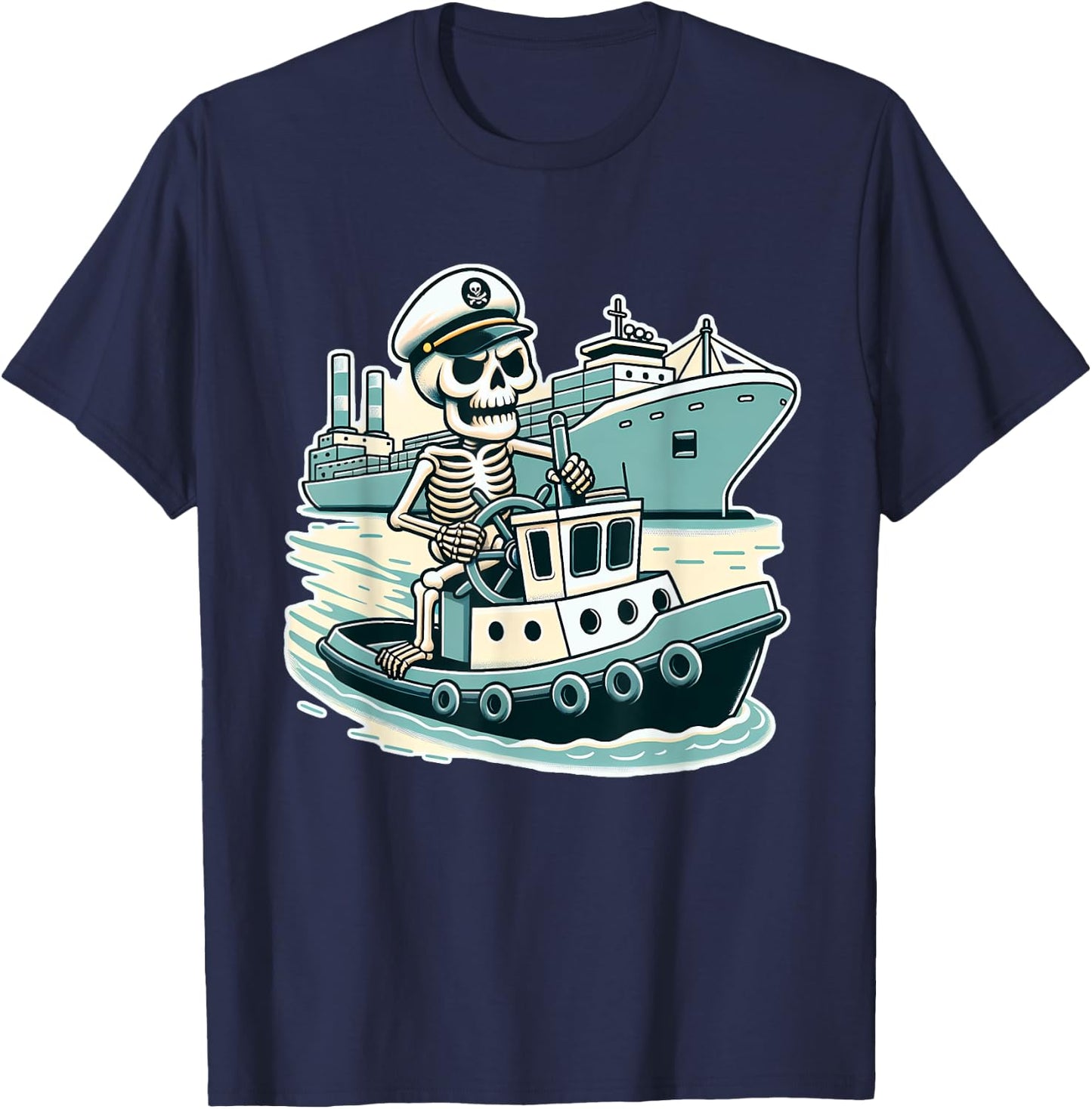 Halloween Skeleton Tugboat Captain T-Shirt - T-Shirt | Navy