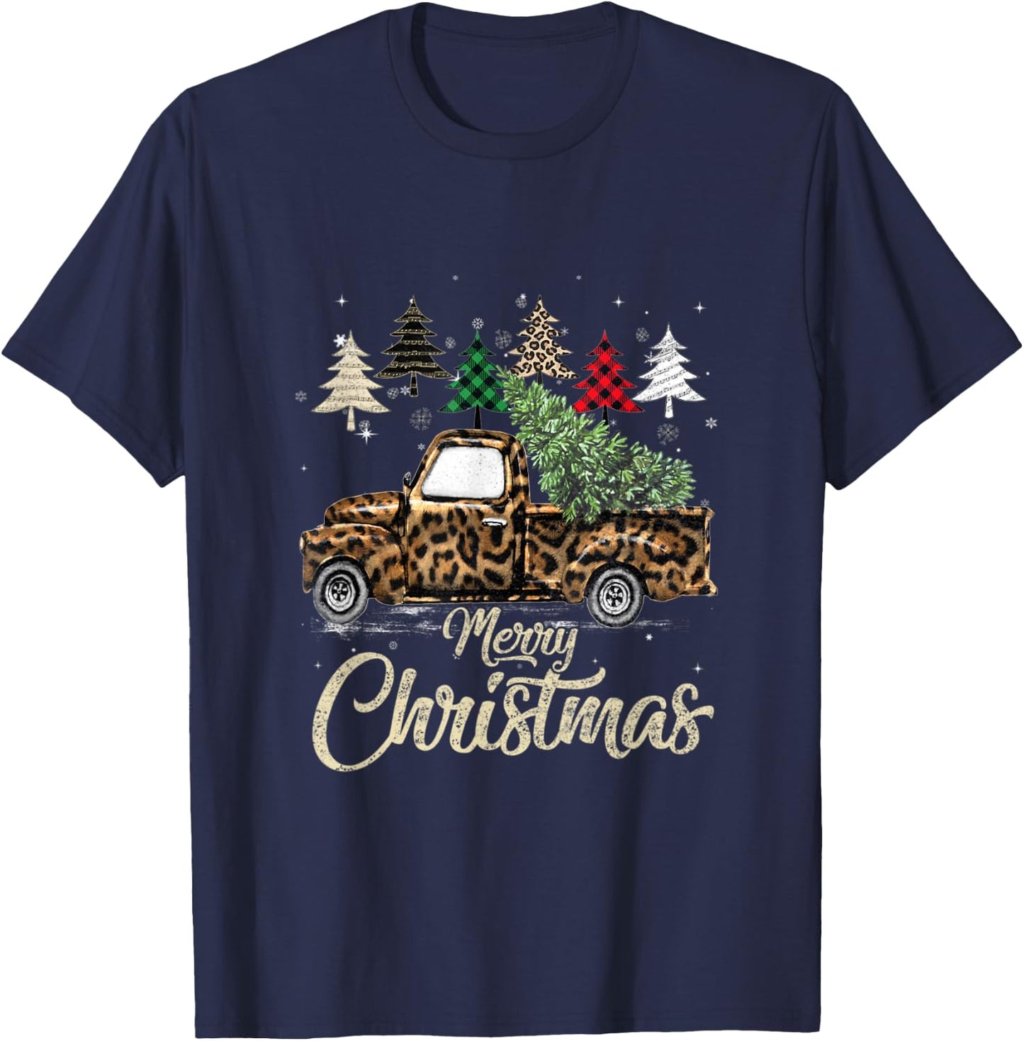 Green Buffalo Plaid Christmas Tree Leopard Covered Red Truck T-Shirt - T-Shirt | Navy