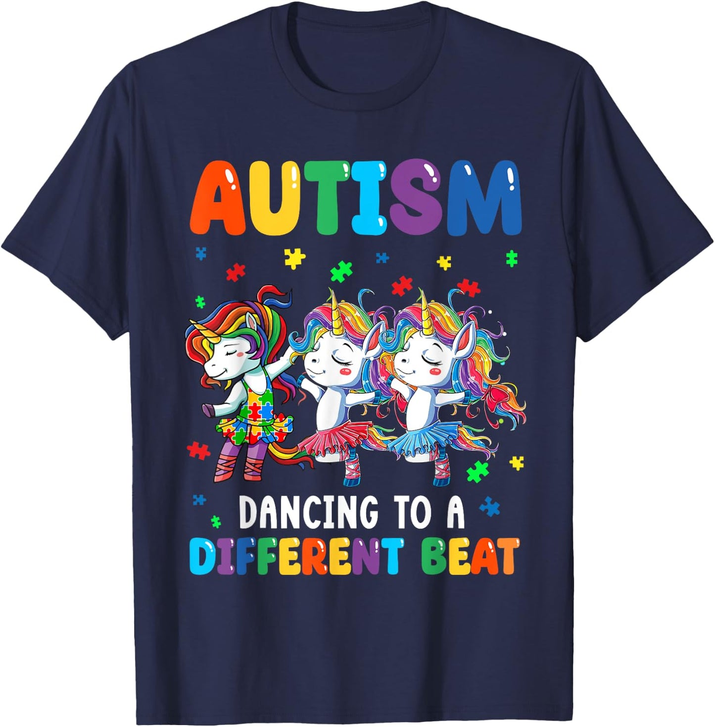 Autism Unicorn Dancing To A Different Beat Autism Awareness T-Shirt - T-Shirt | Navy