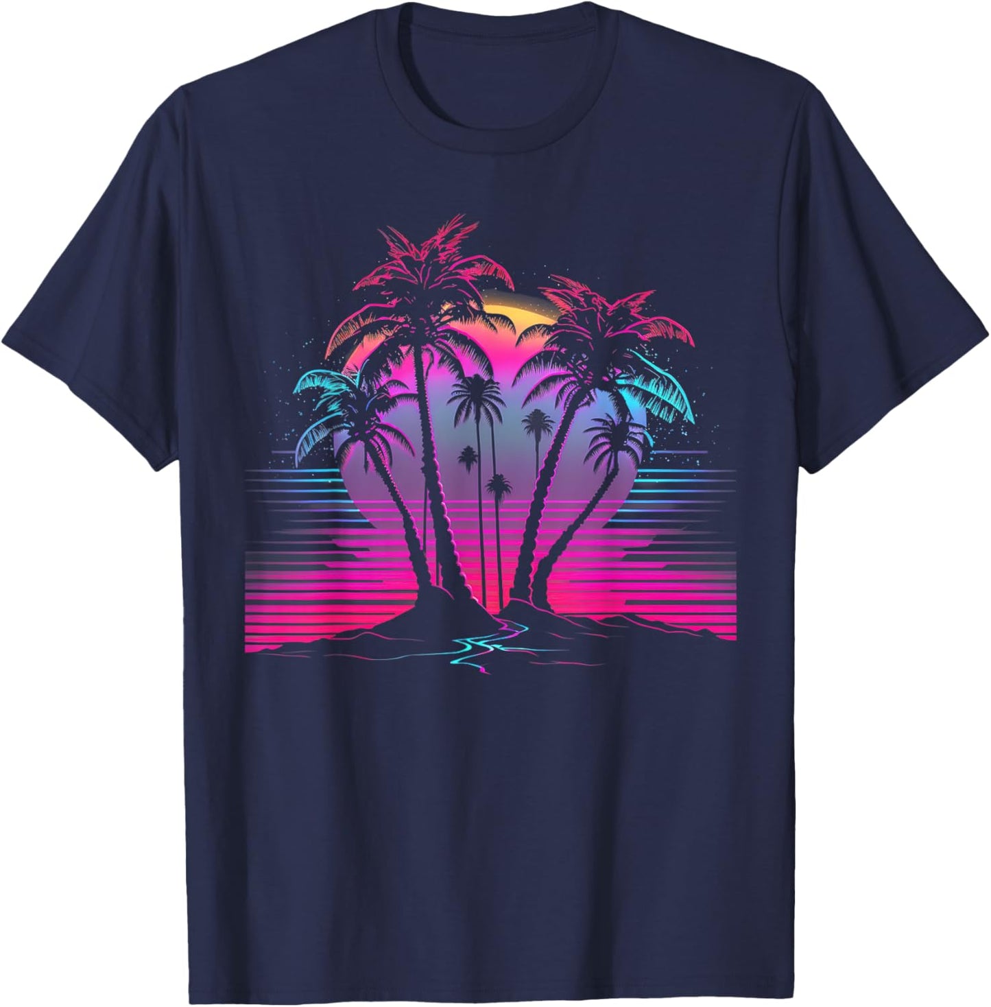 Palm Tree Vaporwave Retrowave Aesthetic Synthwave 80s Beach T-Shirt - T-Shirt | Navy