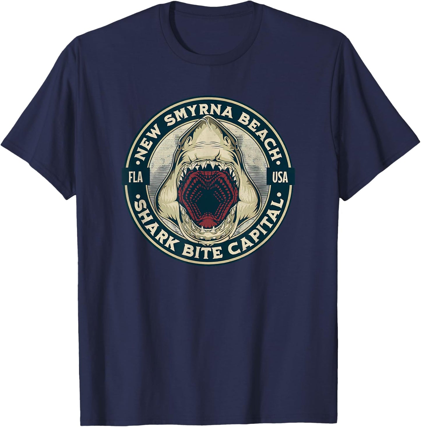 New Smyrna Beach: Shark Bite Capital Of The World Graphic T-Shirt - T-Shirt | Navy