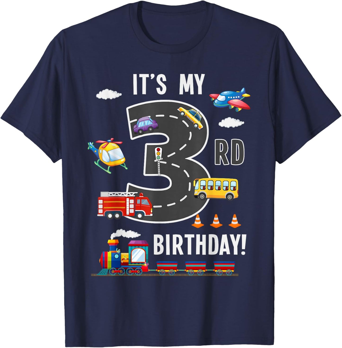 Its My 3rd Birthday Boy 3 Bday Train Car Fire Truck Airplane T-Shirt - T-Shirt | Navy