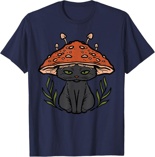 Cottagecore Black Cat Mushroom Cute Women Girls Kids Toddler T-Shirt - T-Shirt | Navy