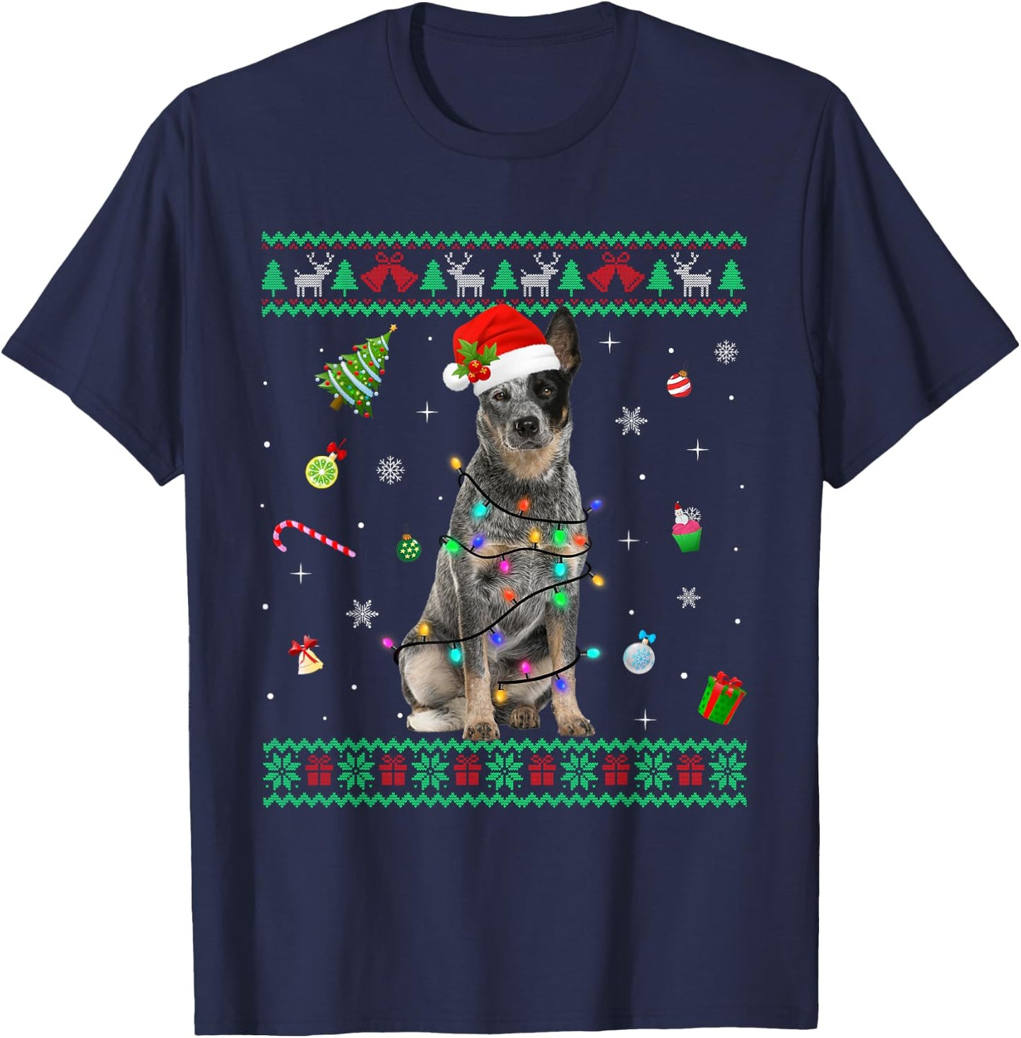 Ugly Sweater Australian Cattle Dog Christmas Light Santa Hat T-Shirt - T-Shirt | Navy