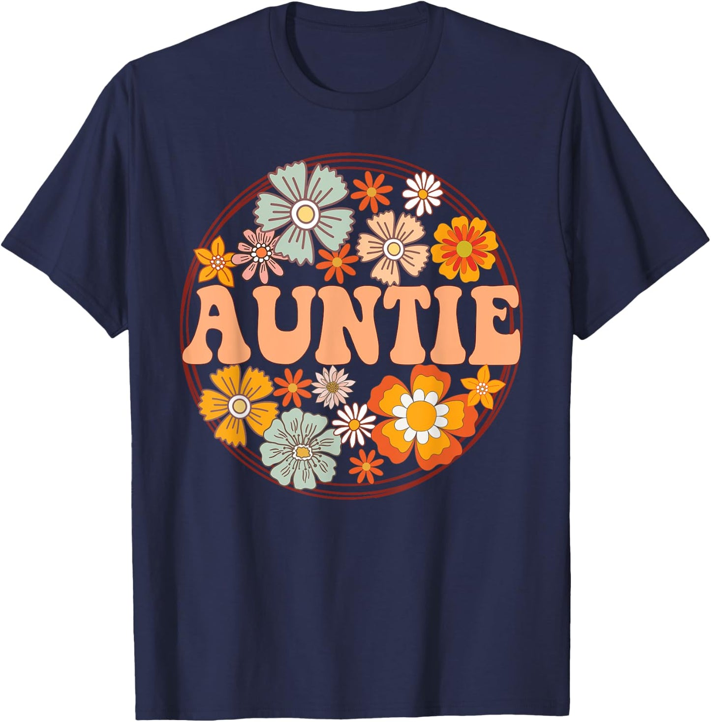 Groovy Auntie Retro Flowers Women Mother's Day Aunt T-Shirt - T-Shirt | Navy