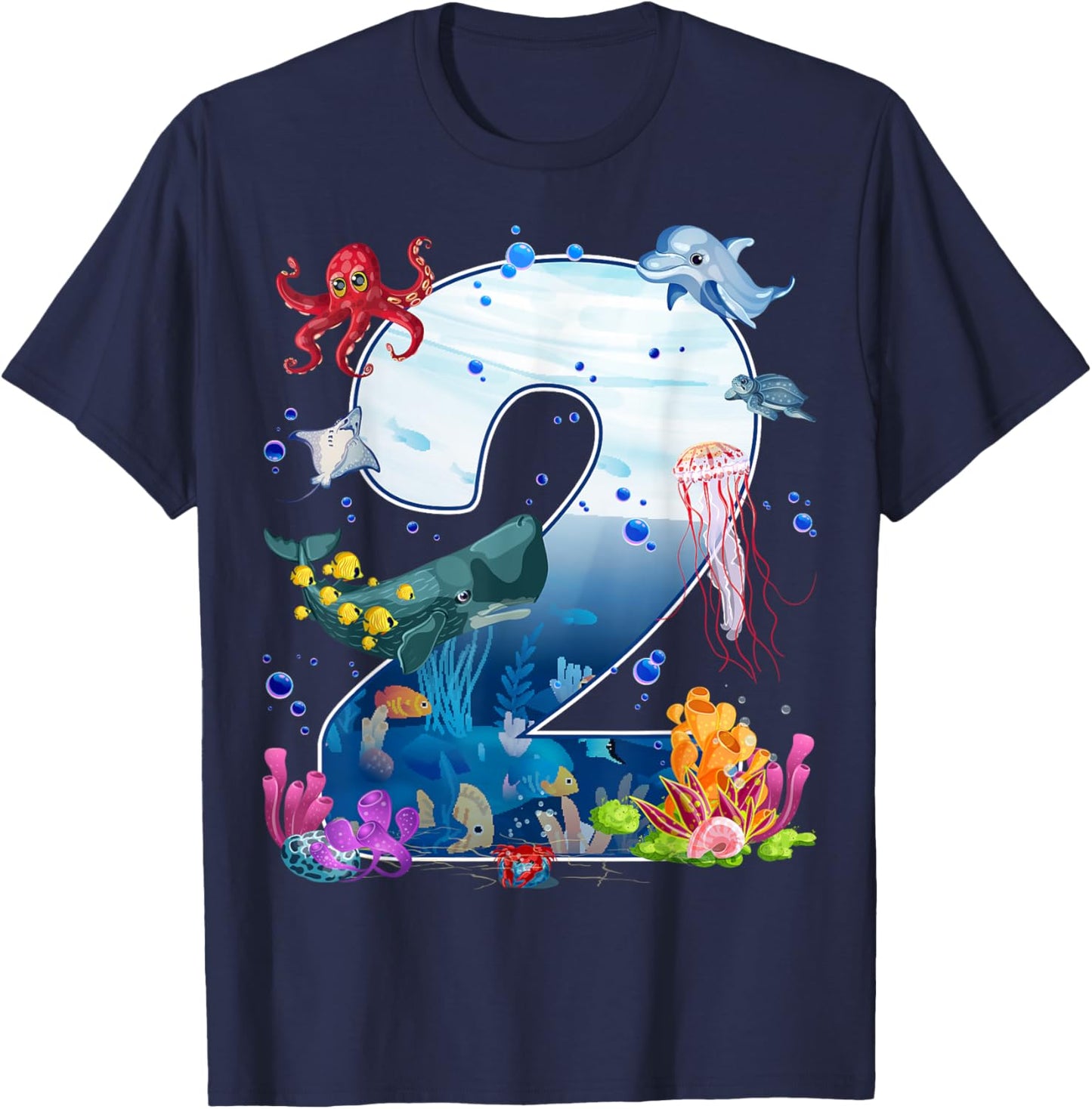 2nd Birthday Party Ocean 2 Year Old Sea Fish Aquarium Boy T-Shirt - T-Shirt | Navy