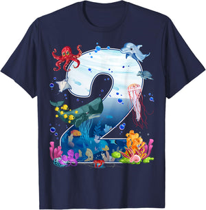 2nd Birthday Party Ocean 2 Year Old Sea Fish Aquarium Boy T-Shirt - T-Shirt | Navy