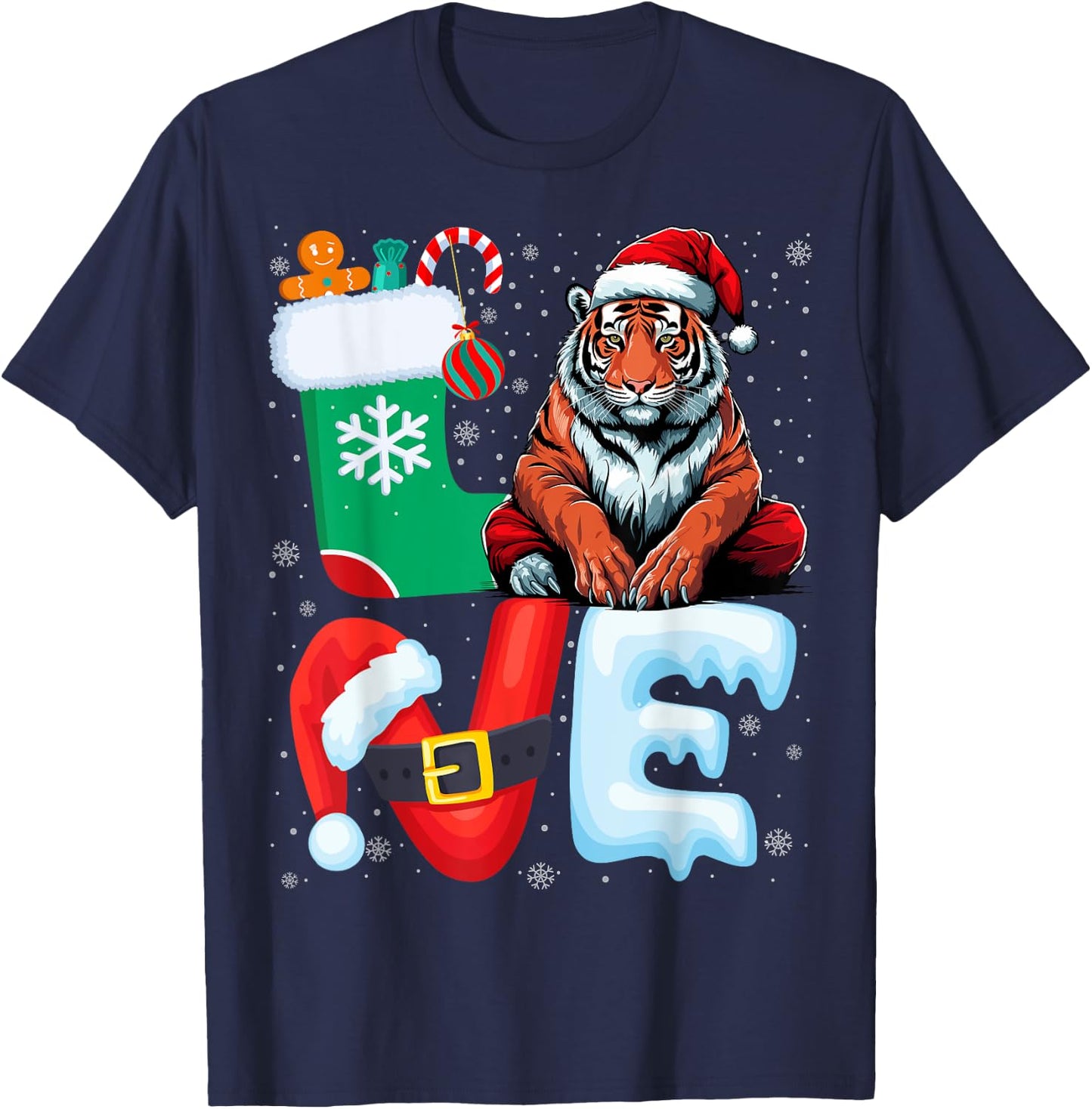 Tiger Lover Santa Hat Xmas Holiday Tiger Christmas T-Shirt - T-Shirt | Navy