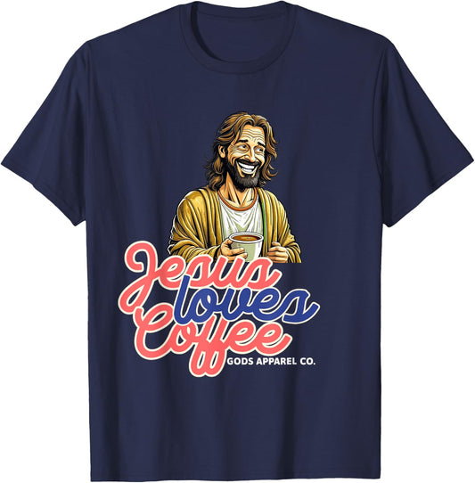 Laughing Jesus with a Coffee Mug Christian Coffee Lover T-Shirt - T-Shirt | Navy