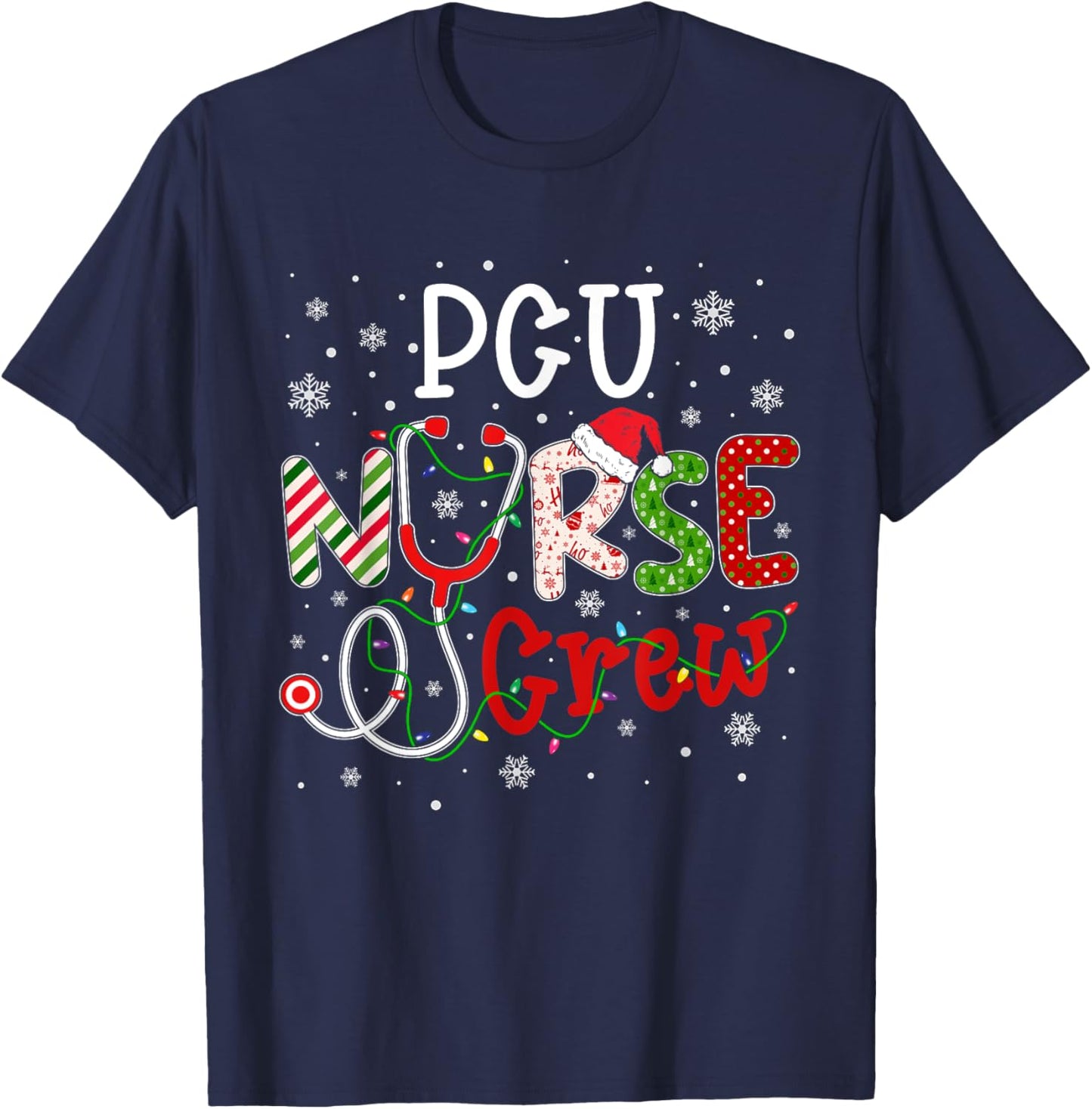 PCU Christmas Nurse Crew Funny Nursing Christmas Pattern T-Shirt - T-Shirt | Navy