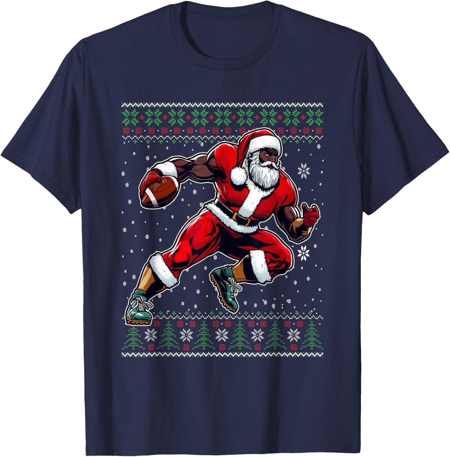 African American Santa Football Ugly Christmas Sweater T-Shirt - T-Shirt | Navy