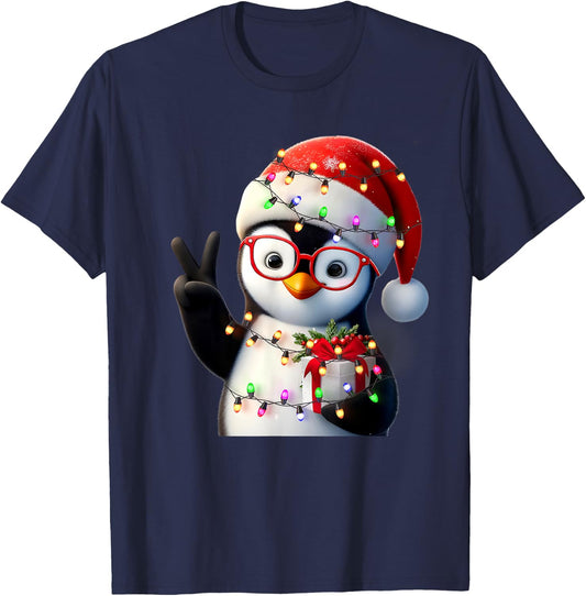 Peace Sign Hand Penguin Santa Christmas Penguin Pajamas T-Shirt - T-Shirt | Navy