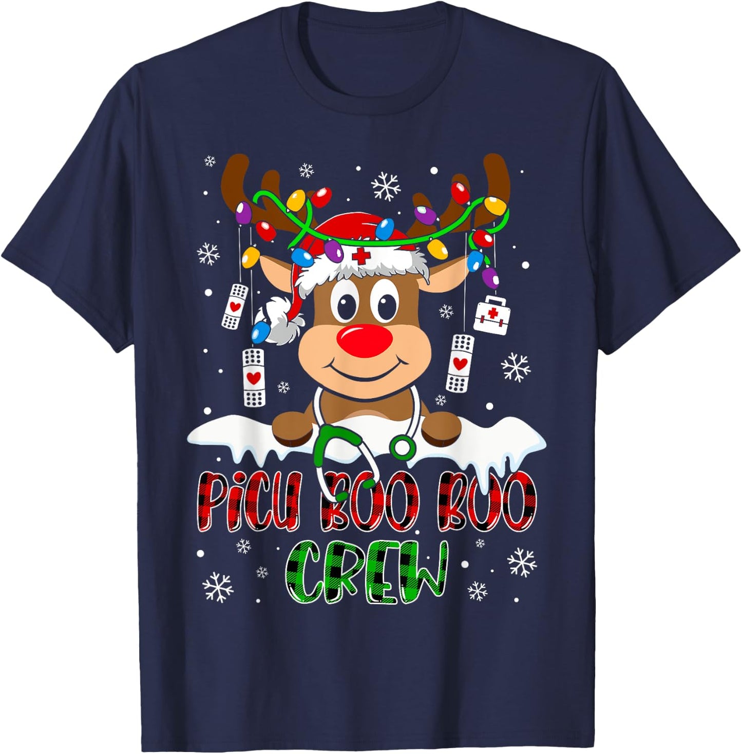 PICU Nurse Boo Crew Reindeer Nurse Buffalo Plaid Christmas T-Shirt - T-Shirt | Navy