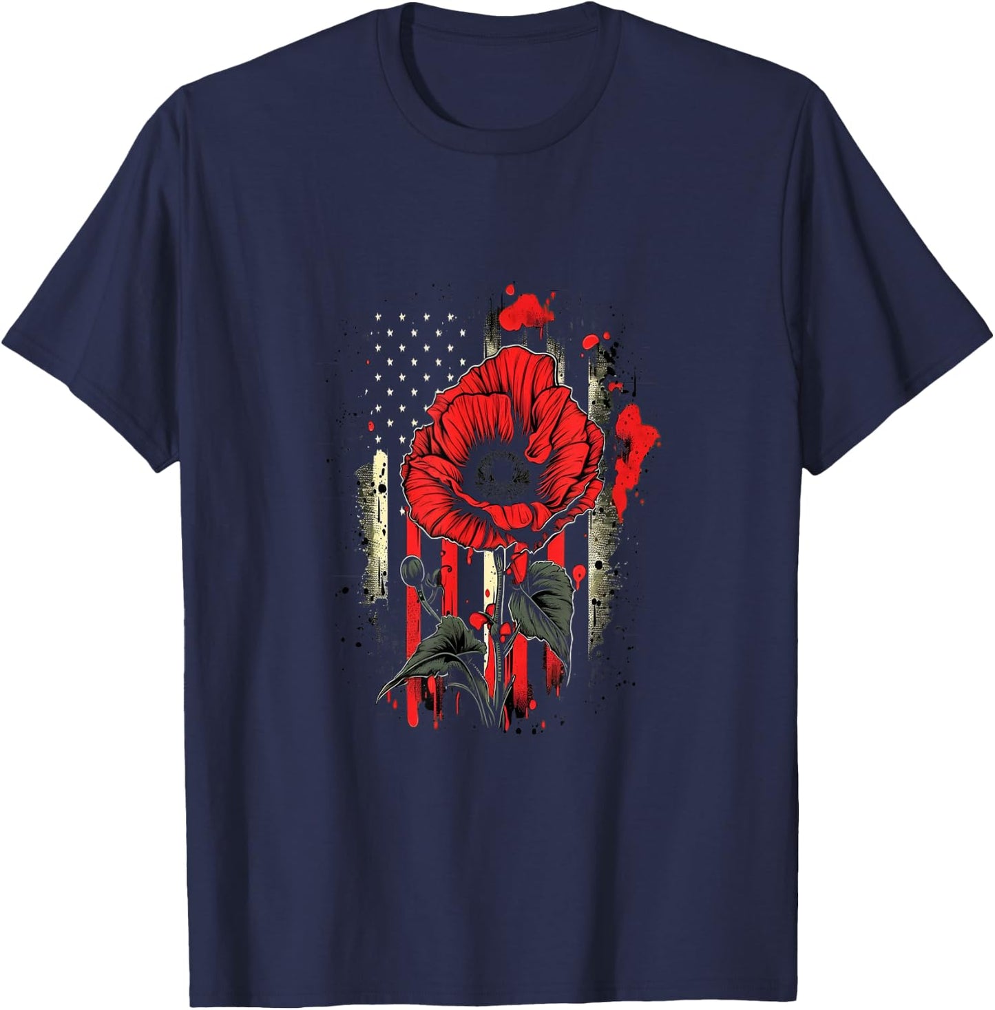Memorial Day Red Poppy Flower American Flag USA 4th of July T-Shirt - T-Shirt | Navy
