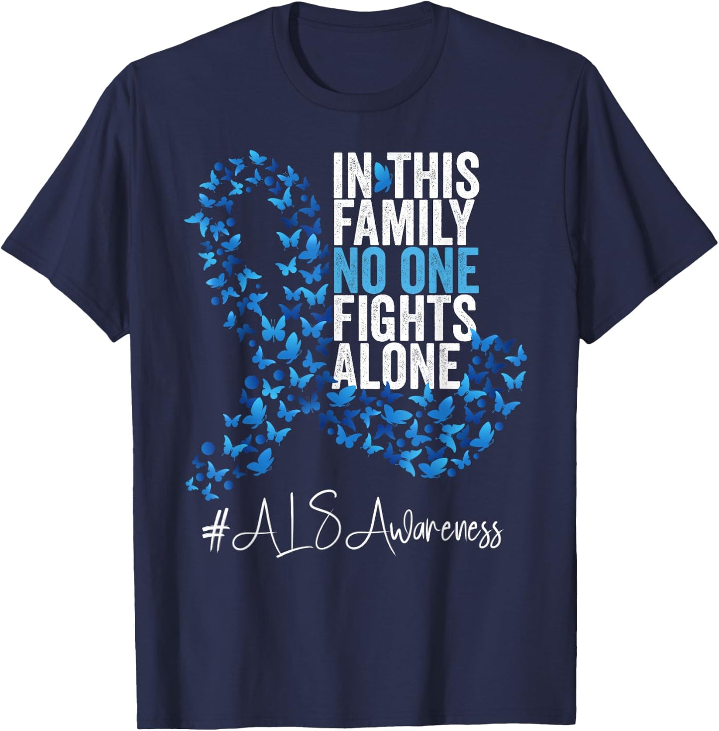 ALS Awareness Month Blue Ribbon Butterflies T-Shirt - T-Shirt | Navy