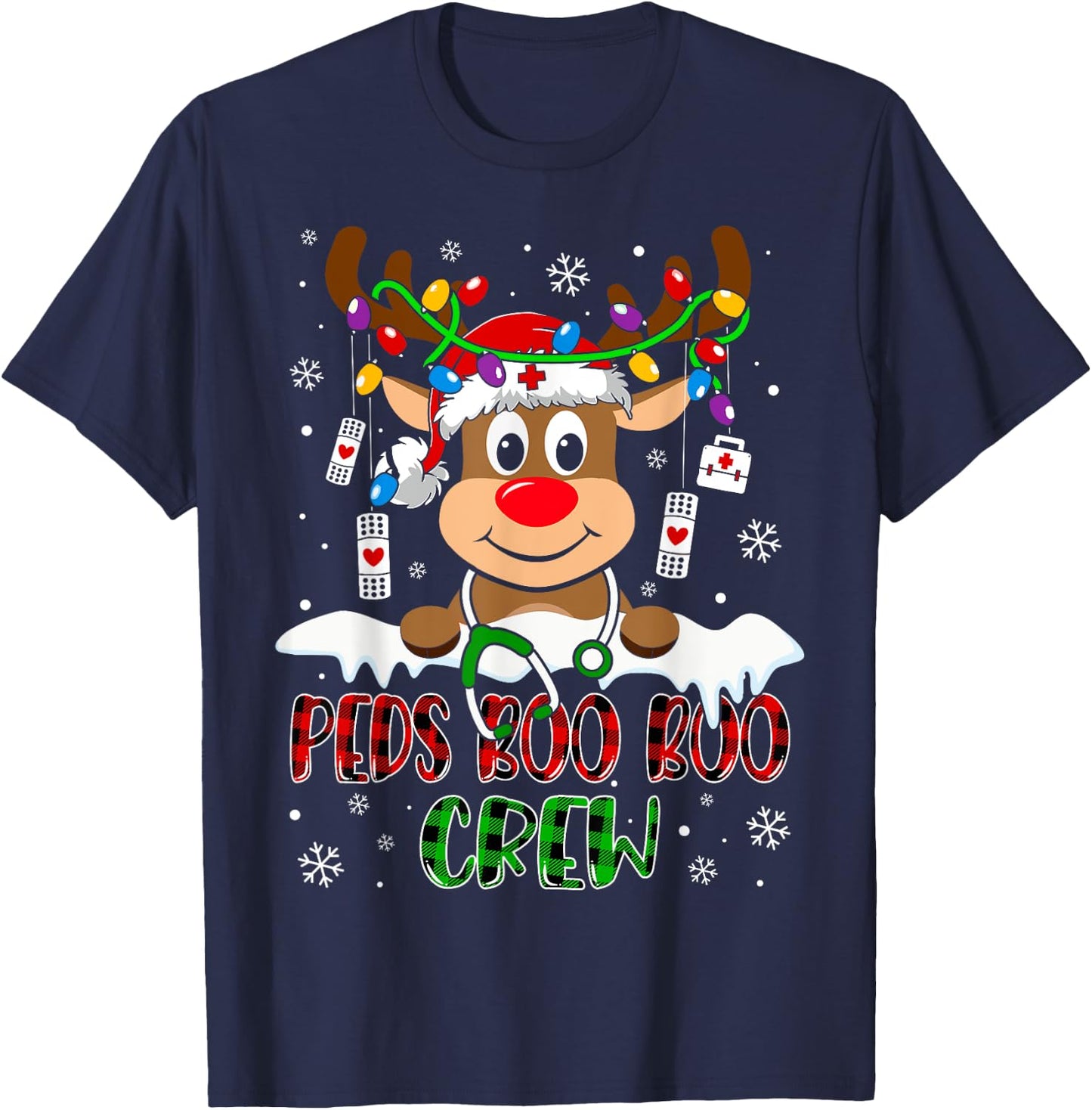 Peds Nurse Boo Crew Reindeer Nurse Buffalo Plaid Christmas T-Shirt - T-Shirt | Navy