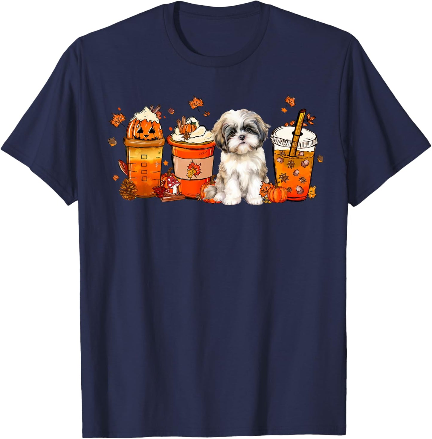 Fall Coffee Pumpkin Spice Fall Vibes Shih tzu Dog T-Shirt - T-Shirt | Navy