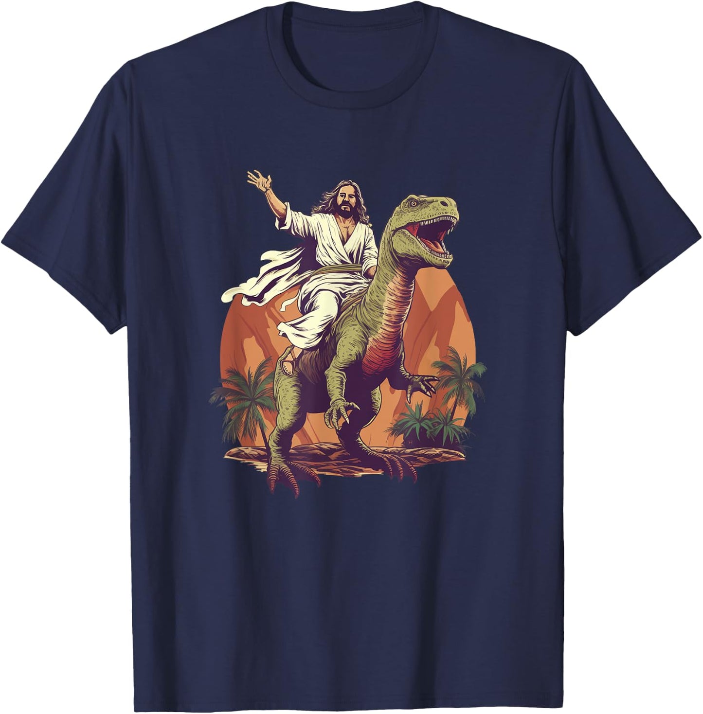 Funny Jesus Riding T-Rex Dinosaur Meme Parody for Believers T-Shirt - T-Shirt | Navy