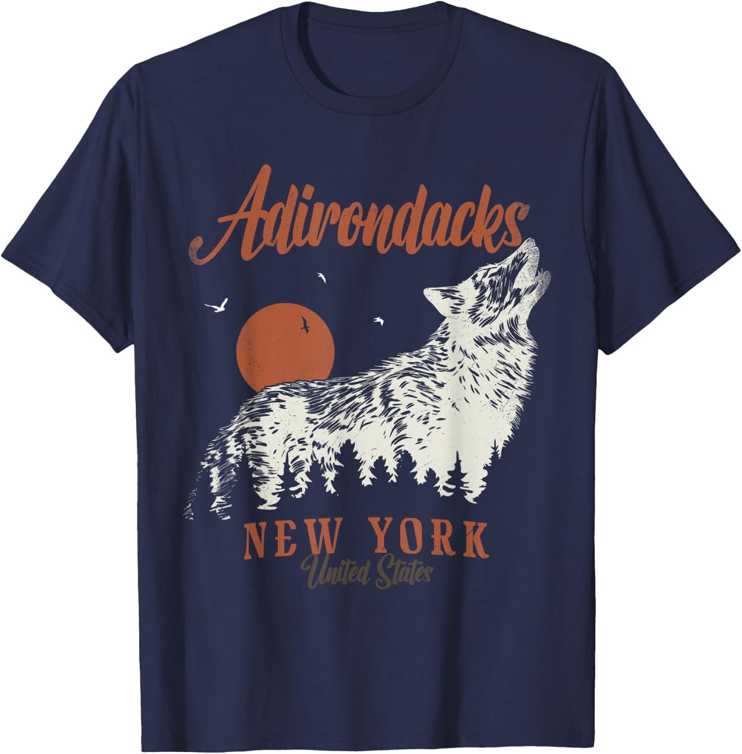 Vintage Adirondacks Mountains New York Forest Wolf T-Shirt - T-Shirt | Navy