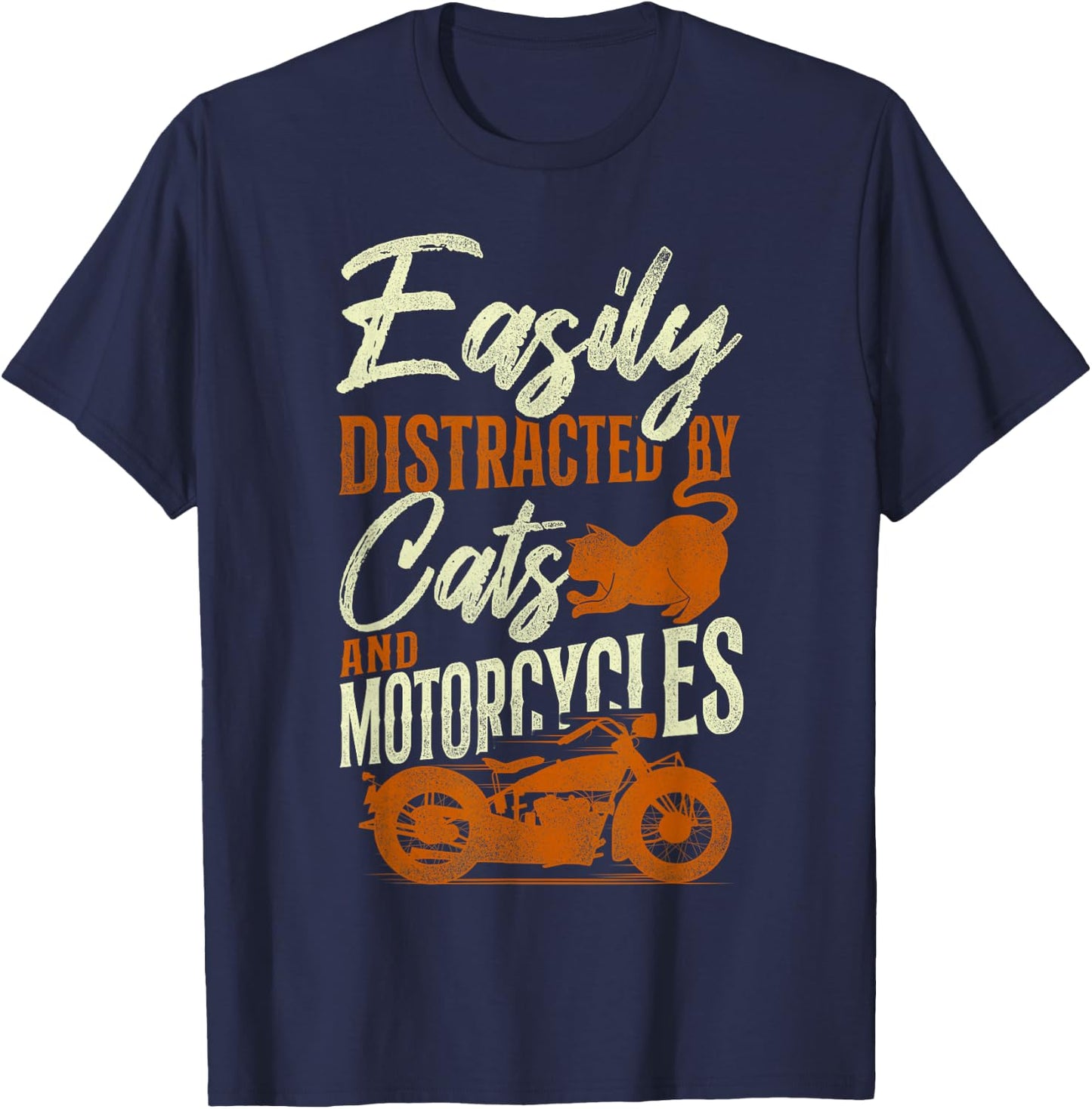 Classic Motorcycle Biker Cat Easily Distracted By Cats And T-Shirt - T-Shirt | Navy