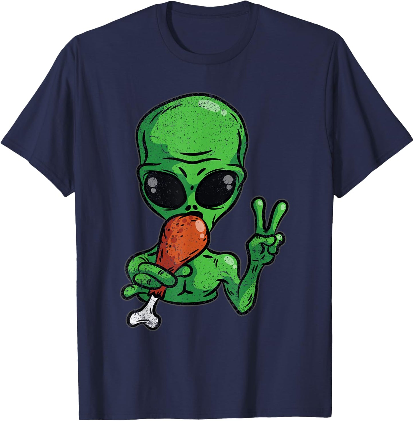 Alien Eating Turkey Thanksgiving Day Funny UFO Fall Autumn T-Shirt - T-Shirt | Navy