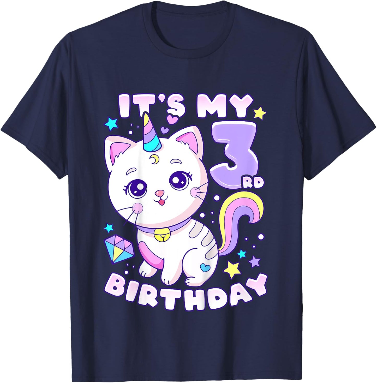 Birthday girl 3 years old, cat, unicorn, 3rd birthday T-Shirt - T-Shirt | Navy