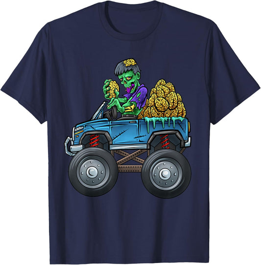 Monster Truck Driving Zombie Eating Brains Halloween Truck T-Shirt - T-Shirt | Navy