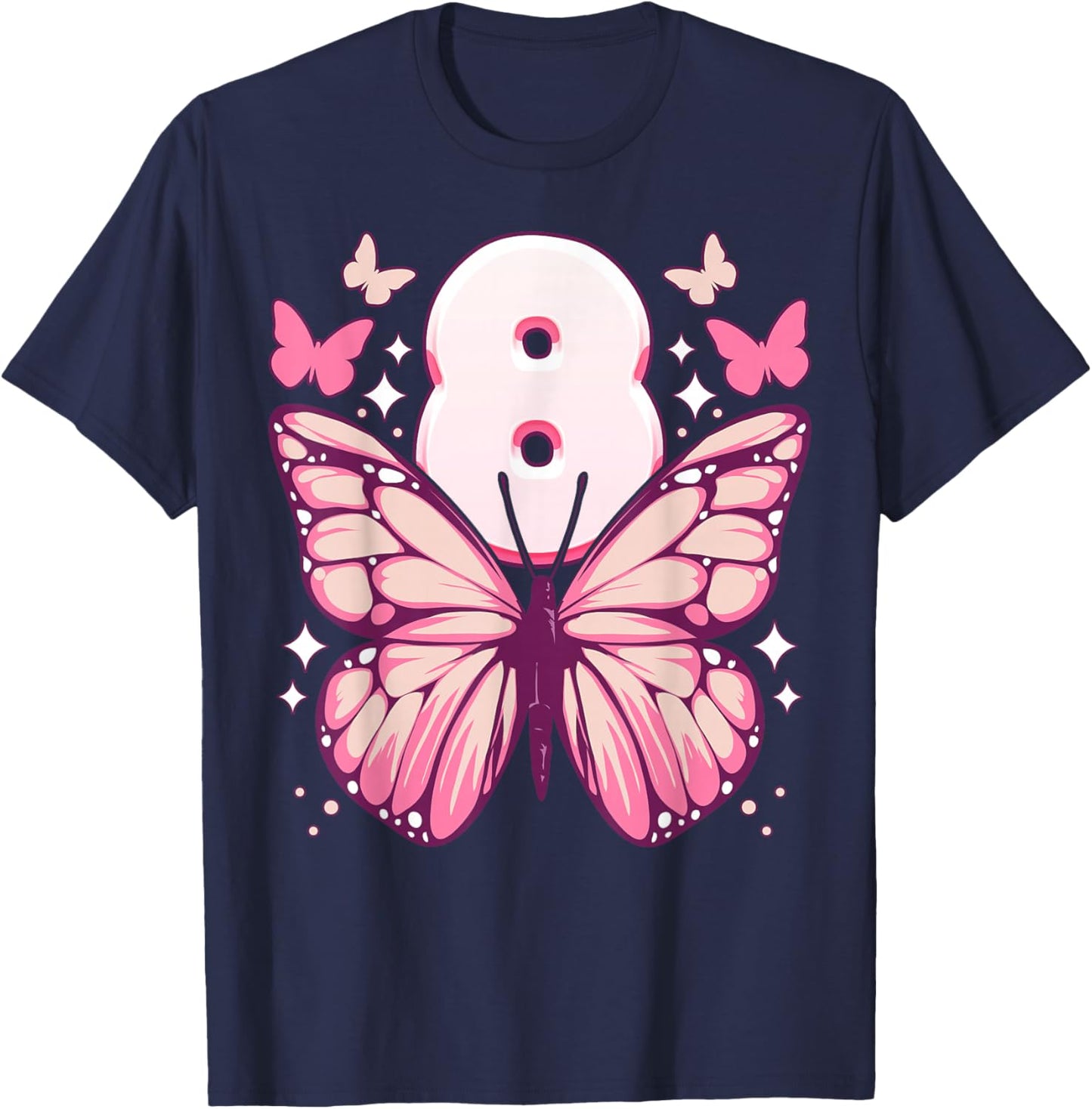 Birthday Girl 8 Years, Butterflies and Number 8 T-Shirt - T-Shirt | Navy